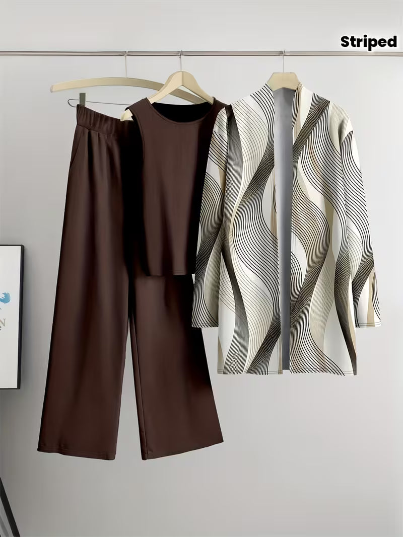 Mocha Wave Three-Piece Outfit for Women Fancy Co-ord Set