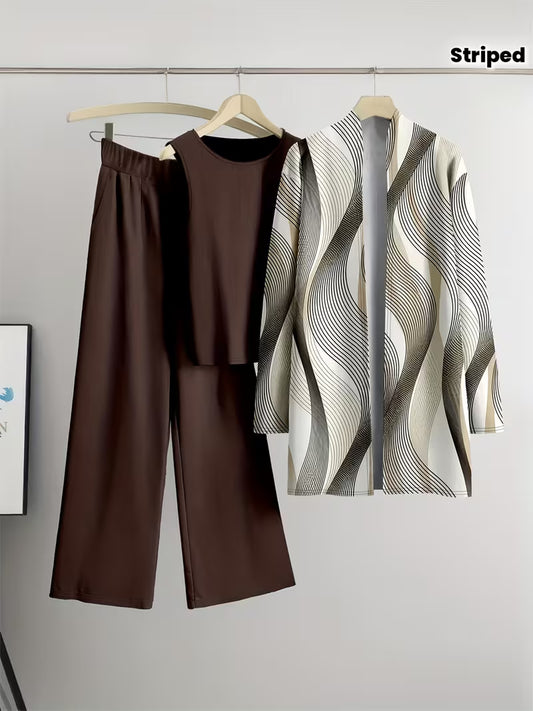 Mocha Wave Three-Piece Outfit for Women Fancy Co-ord Set