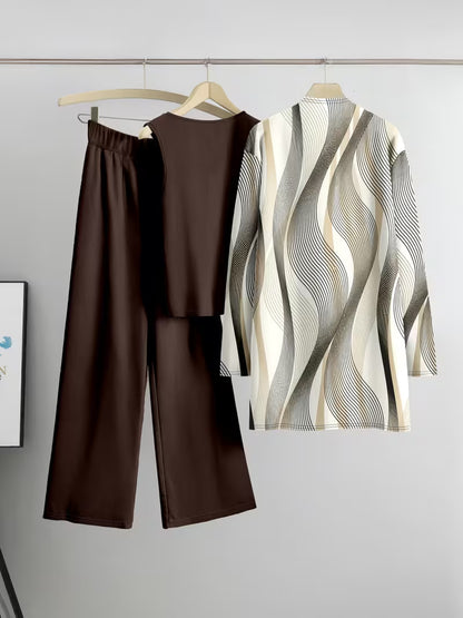 Mocha Wave Three-Piece Outfit for Women Fancy Co-ord Set