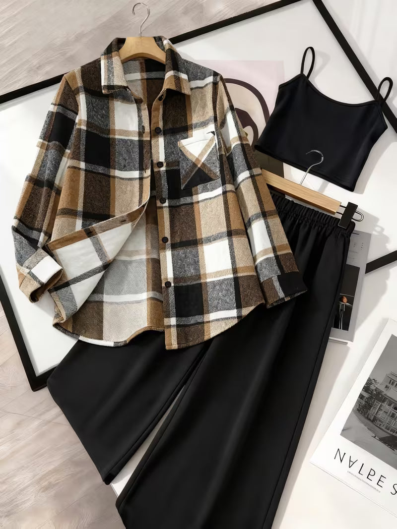 Autumn Check Three-Piece Outfit for Women Fancy Co-ord Set