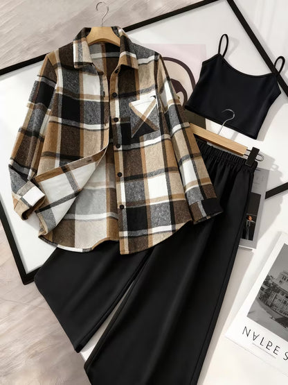 Autumn Check Three-Piece Outfit for Women Fancy Co-ord Set