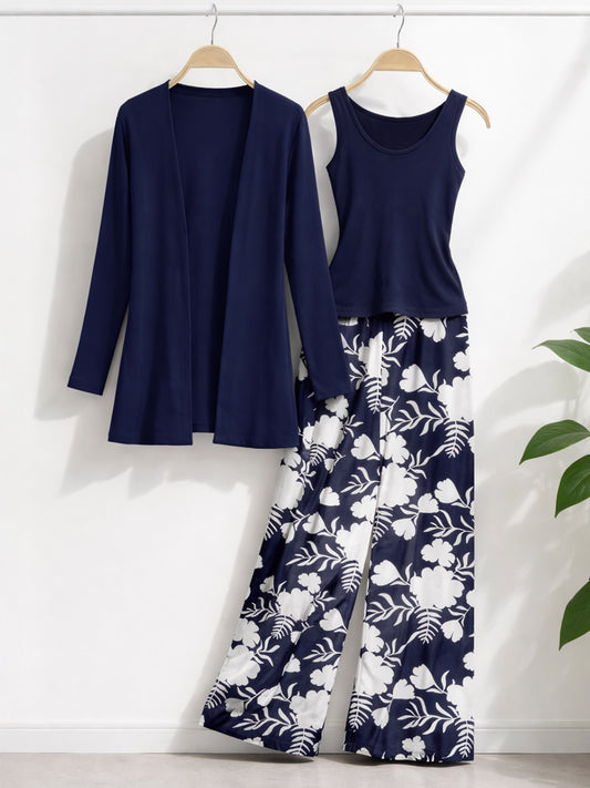 Navy Garden Three-Piece Outfit for Women Fancy Co-ord Set