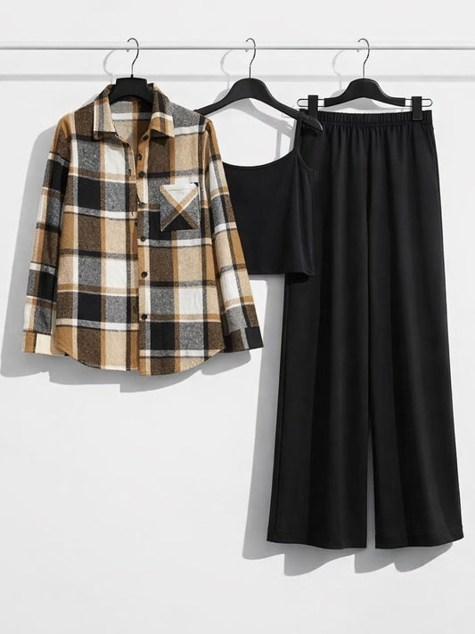 Autumn Check Three-Piece Outfit for Women Fancy Co-ord Set