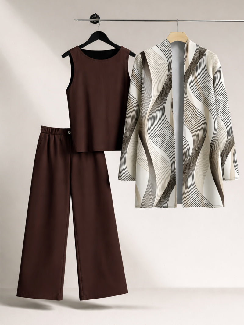 Mocha Wave Three-Piece Outfit for Women Fancy Co-ord Set