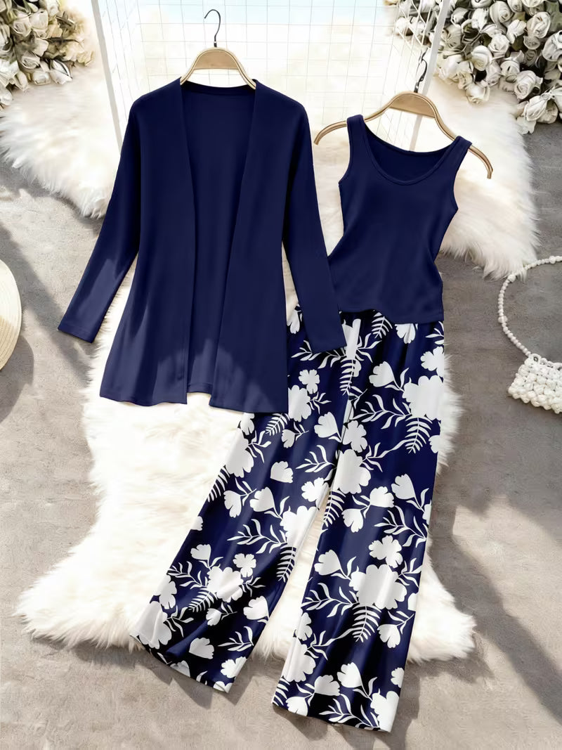 Navy Garden Three-Piece Outfit for Women Fancy Co-ord Set