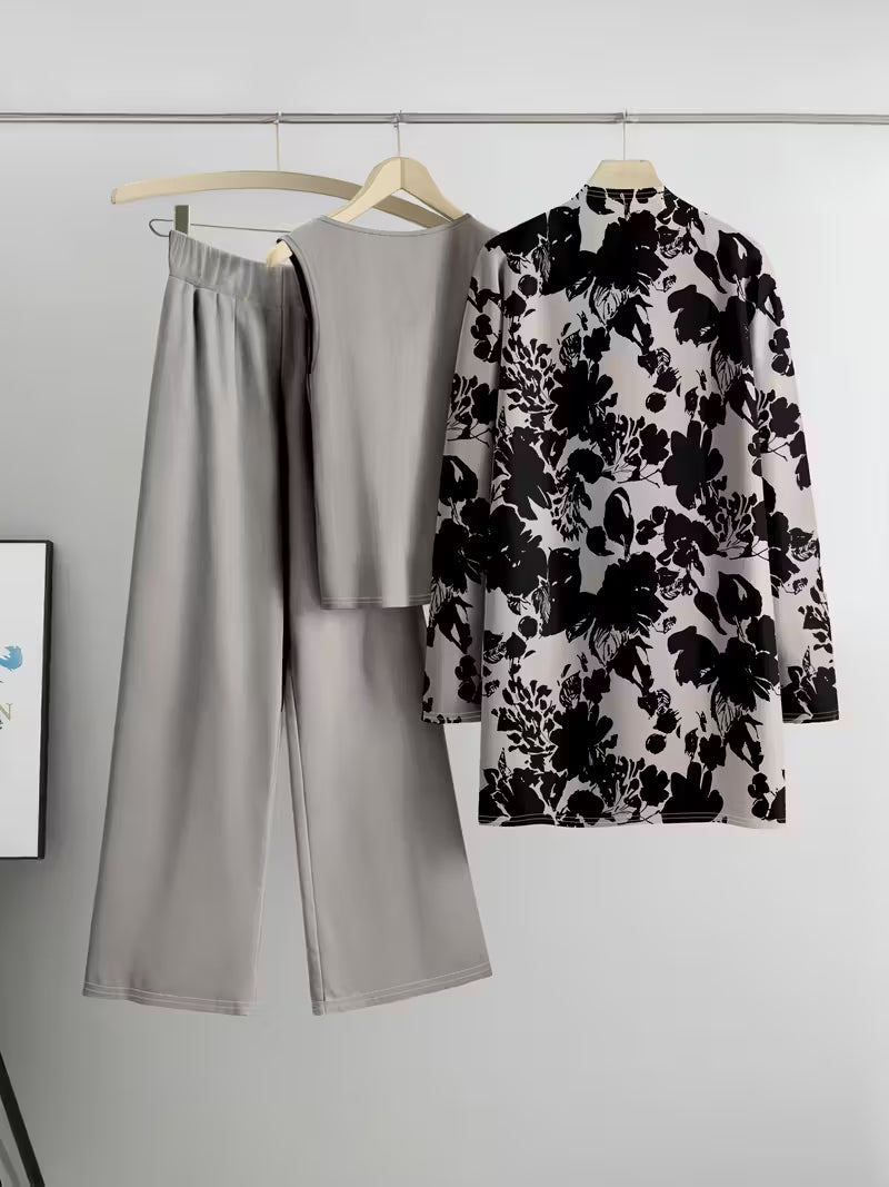 Midnight Bloom Three-Piece Outfit for Women Fancy Co-ord Set