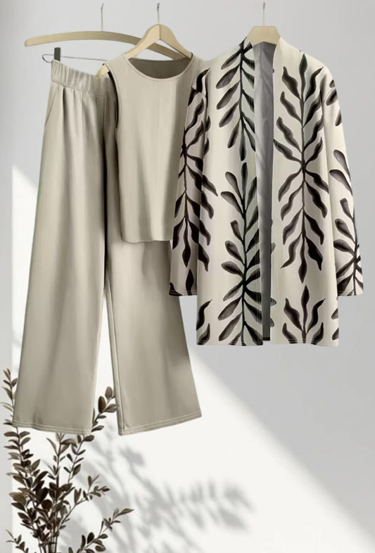 Leaf Print Three-Piece Outfit for Women Fancy Co-ord Set