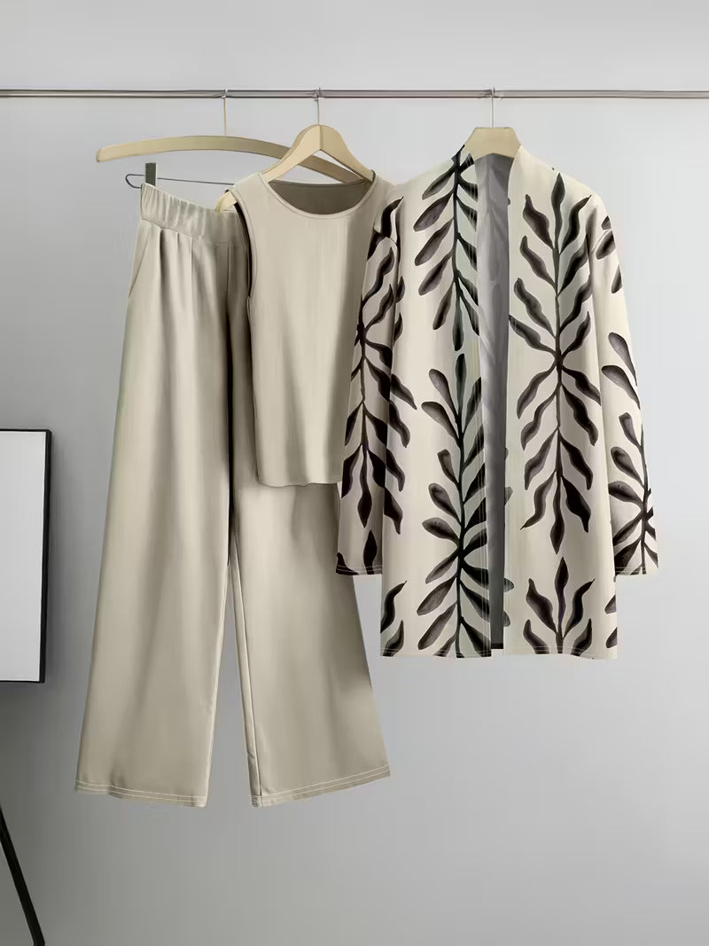 Leaf Print Three-Piece Outfit for Women Fancy Co-ord Set