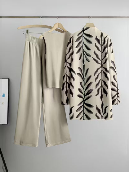 Leaf Print Three-Piece Outfit for Women Fancy Co-ord Set