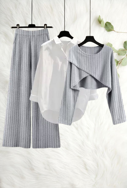 Ribbed Three-Piece Outfit for Women Fancy Co-ord Set