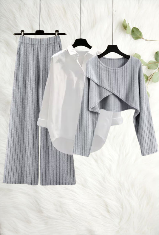 Ribbed Three-Piece Outfit for Women Fancy Co-ord Set