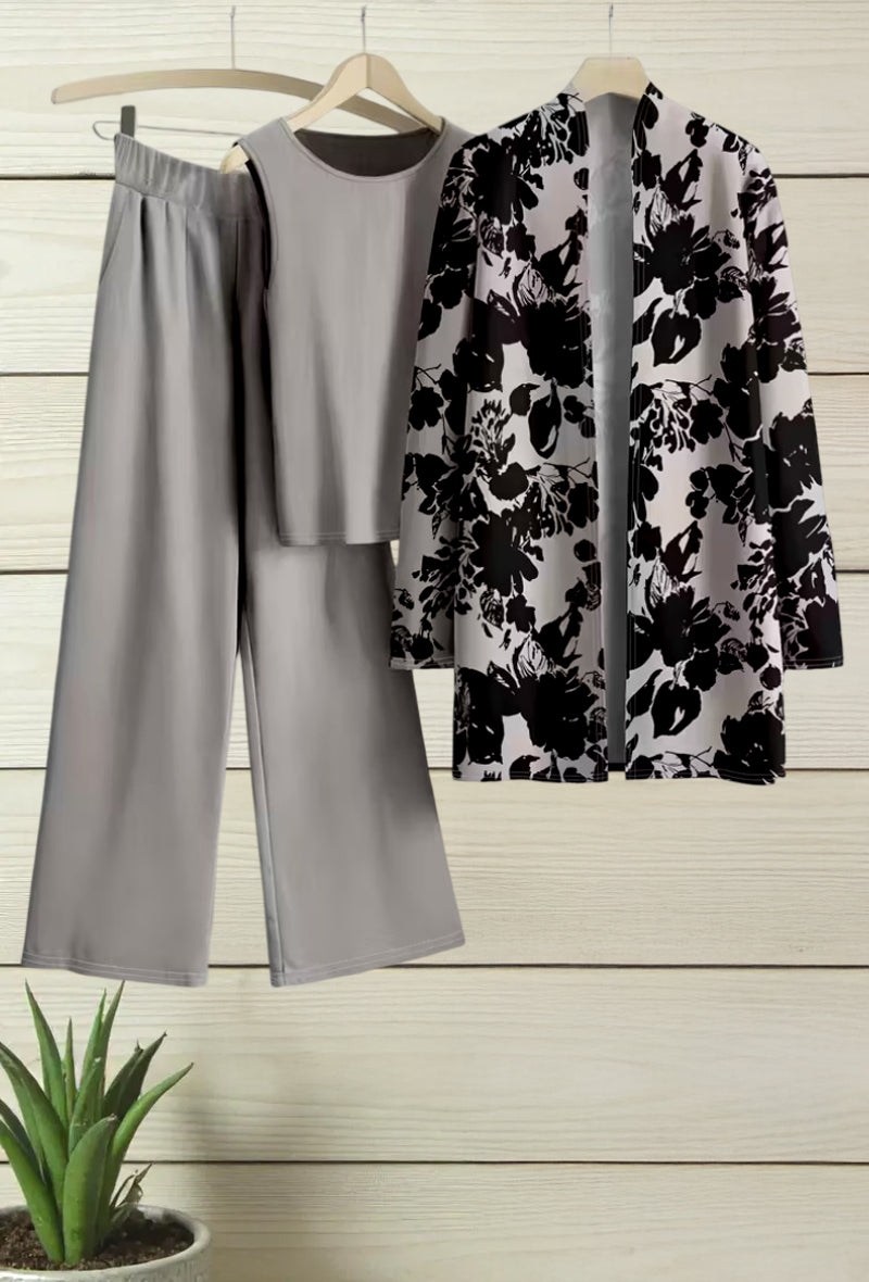Midnight Bloom Three-Piece Outfit for Women Fancy Co-ord Set